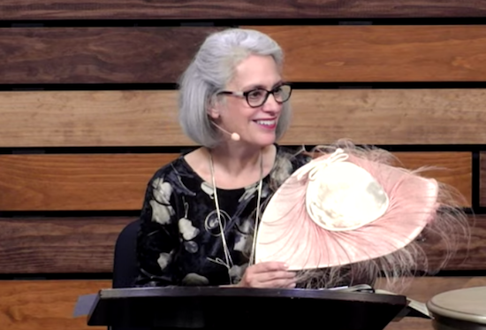 Nancy DeMoss Wolgemuth holding one of Vonette Bright's Miss Mear's hats