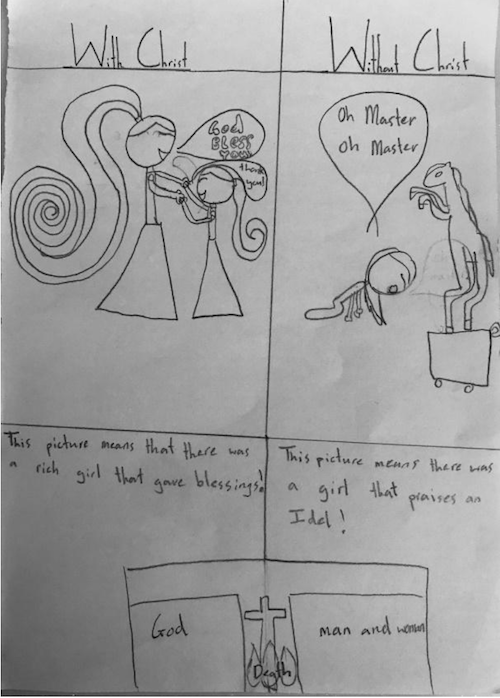 Drawing from an eight year old showing life with Christ and life without
