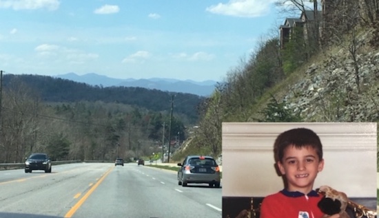 View of mountains from road, and a small image of Ben 